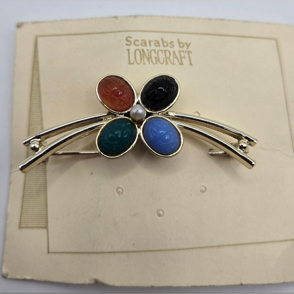 🪲 Stone Scarab Brooch on Original Card 2" Wide Gold Tone w/ Carved Tourmaline